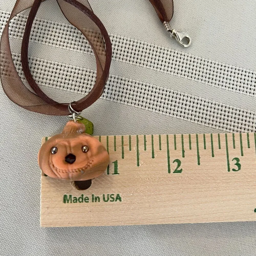 Pumpkin Necklace Polymer Clay Pendant Jack O Lantern Halloween Silver 925 Clasp
